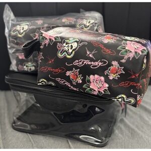 NEW Ed Hardy Zip Up Tote Makeup Bag Set of 3 Cosmetic Black Clear Pink Roses NWT